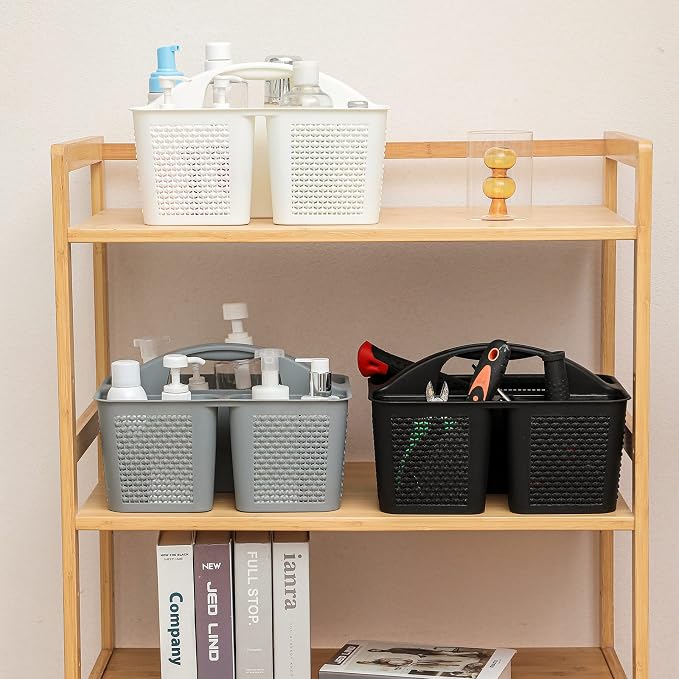 Plastic Portable Shower Caddy Basket with Handle, 3 Compartments, White | Storage Organizer with Drain Holes, Sturdy and Durable For Bathroom, Kitchen, College Dorm, Sink, Camping