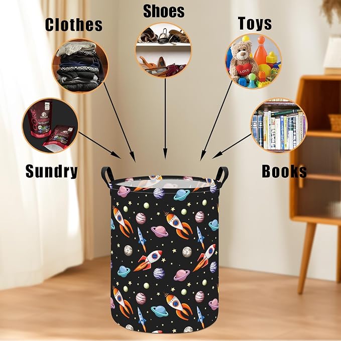 Round Laundry Basket Collapsible Storage Hamper Organizer Planet Rocket | Waterproof Canvas Foldable Baskets with sturdy Handles Multi-scene Organizer for Home Play Bedroom Gift Bin