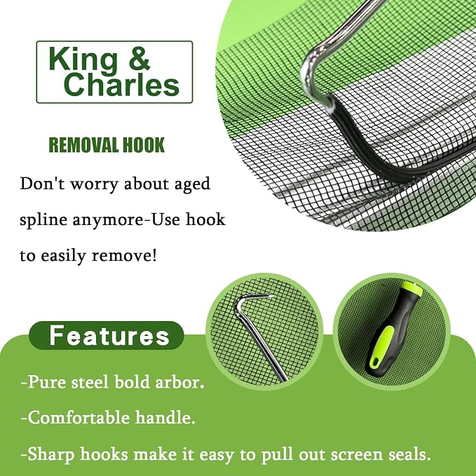 King&Charles Screen Repair Kit,Roller+0.14”x32ft Spline+Hook | 3in1-Bearing Steel Screen Roller Tool+Hook for Old Spline Removal+Hollow-Core Spline for Window Screens,Doors,Patio,RV Mesh