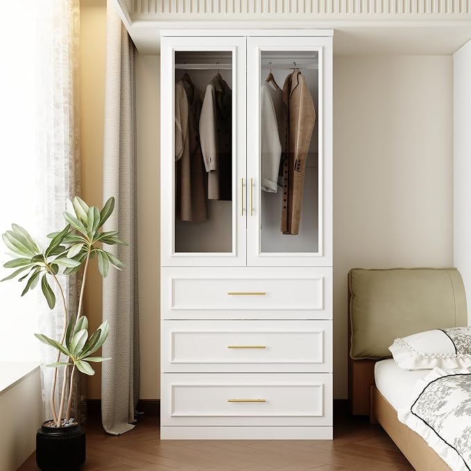 FUFU&GAGA Wardrobe Closet with Glass Doors, Modern White Bedroom Armoire with Gold Handles, Modern Clothes Storage Cabinet with 3 Drawers, Hanging Rod, 31.7”W x 19.3”D x 74.8”H