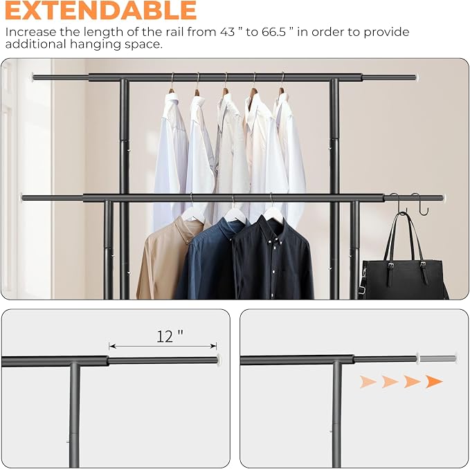 Fishat 48"W x 15"D x 67"H Portable Black Double Rods Garment Clothes Rack | Metal Freestanding Hanging Organizer, Mobile Lockable Wheels, Portable Freestanding, for Storage, Drying, Bedroom