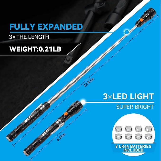 Telescoping Magnet Pickup Tool with 3 LED Magnetic Flashlight, Cool Gadget Birthday Gifts for Men, Women, Husband, Dad, Adult, Boyfriend, Mens Gifts from Daughter, Wife, Black