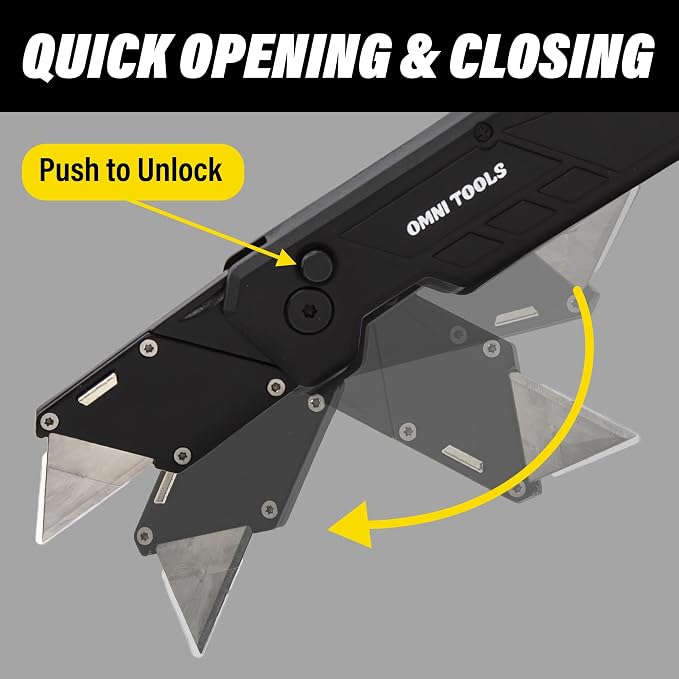 Heavy Duty Folding Utility Knife with 5 Replacement Blades, Quick Change Razor Box Cutter, Ergonomic Handle, Portable Pocket Cutter for Cardboard, Drywall, Plastic, Rope, Carpet and DIY Projects
