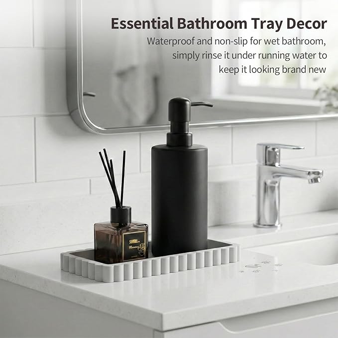 Small Silicone Bathroom Vanity Tray, Sink Caddy for Dish Soap Dispenser, Sponge Holder for Kitchen Sink, Rectangle Bathroom Countertop Organizer for Perfume, Jewelry, Candle (7.9” * 4”, White)