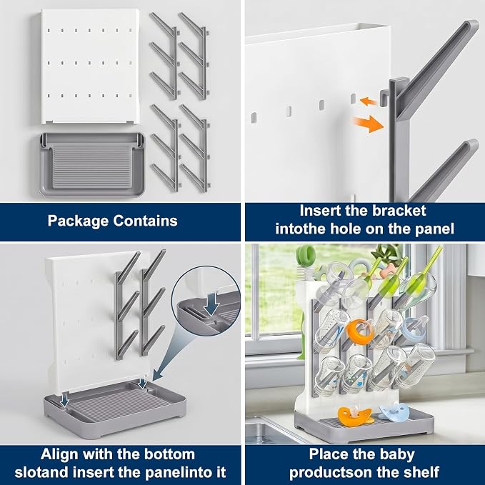 GoMaihe Baby Bottle Drying Rack: Space Saving Vertical Bottle Dryer Holder | Newborn Accessories Storage Stand Organize Brushes Pacifiers on Countertop - BPA-Free - Gray