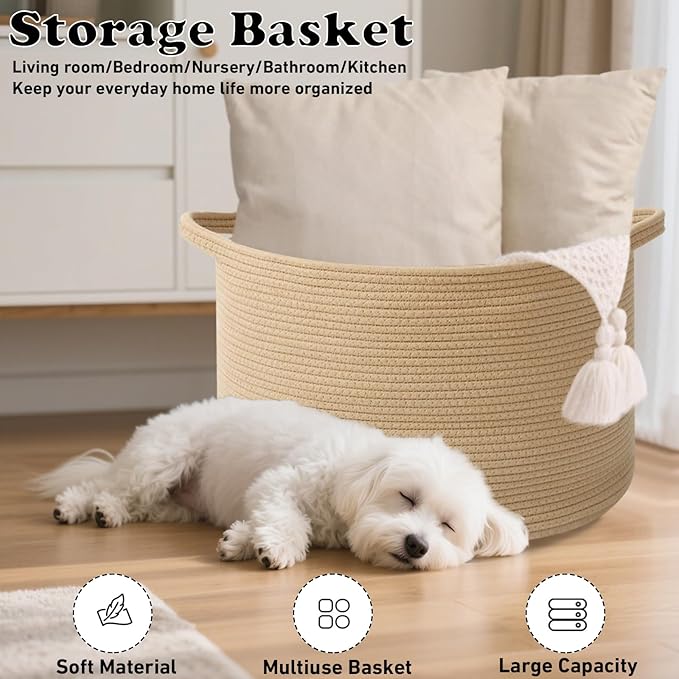 65L Extra Large Woven Cotton Rope Blanket Basket with Handles, Laundry Hamper Storage Bin for Pillows, Comforters,Clothes, Toys, Nursery, Bedroom and Living Room Organization,Camel