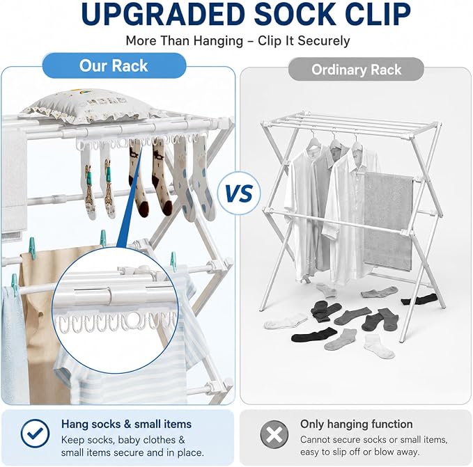 Homde Foldable Drying Rack for Apartments: 11 Poles with 18 Sock Slots | Dries Clothes Socks and Towels-Portable Drying Stand for Laundry and Balcony-Expandable Space Saving Garment Dryer