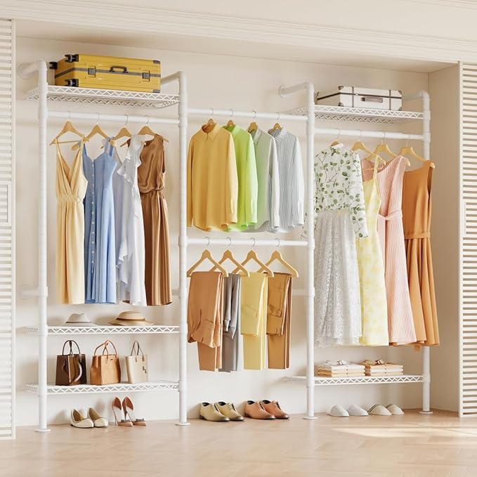 Higeego W3 Wall Mounted Closet System, Expandable Clothes Rack Heavy Duty Garment Rack Clothing Rack for Hanging Clothes, Industrial Pipe Closet Rack for Reach in Closet, White