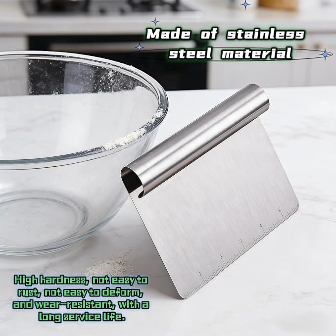 Stainless Steel Dough Scraper with Measuring Scale - Multi-Purpose Kitchen Tool for Baking, Pizza, Grilling, Pastry Cutter & Vegetable Chopper | Ergonomic Handle & Rust-Proof Design
