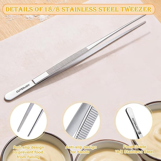 12-Inch Kitchen Tweezers, 18/8 Stainless Steel Metal Fine Tweezers Tongs, Professional Cooking Long Tweezers for Cooking, Chef, Serving Food, Grill, BBQ
