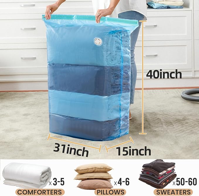 TAILI 8 Pack Vacuum Storage Bags, Jumbo Cube (31x40x15 Inch), Extra Large Vacuum Seal Bags for Clothing, Comforters, Blankets, Bedding, Sweater, No Pump Compression Cube, Blue