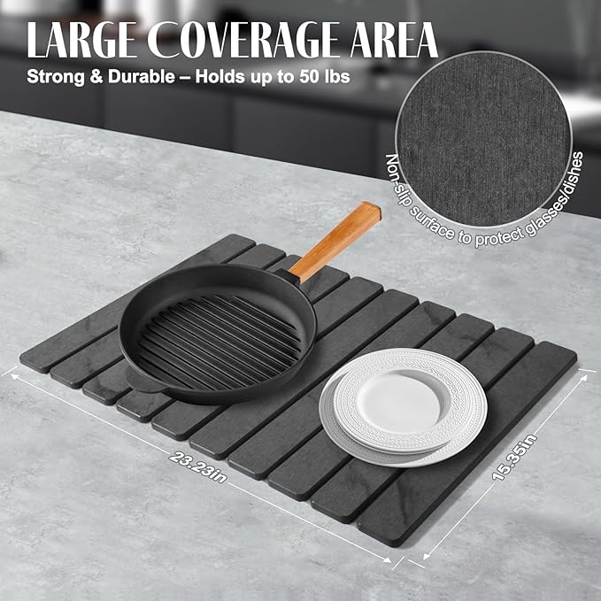 2 PCS Large Stone Dish Drying Mat for Kitchen Counter, 24"×16" Marble-Pattern Dish Drying Mat with 8"x 4" Coasters, Non - Slip Collapsible Absorbent Mat for Multi - Purpose, Match Any Countertop【Gray】