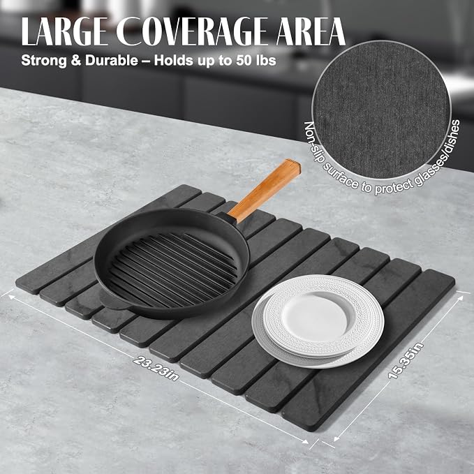 Large Stone Dish Drying Mats for Kitchen Counter, 24"(L)×16"(W) Marble Pattern, Quick Dry Collapsible Dish Drying Mat, Eco-Friendly Absorbent Diatomaceous Earth Mat for Dishes Bottles Cups - Dark Gary