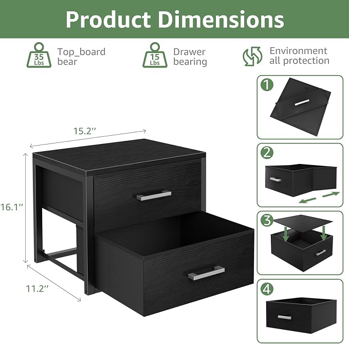 BOLUO Stackable Storage Drawers Closet Organizers and Storage Fabric Black 2 Drawer Dresser for Bedroom Modern