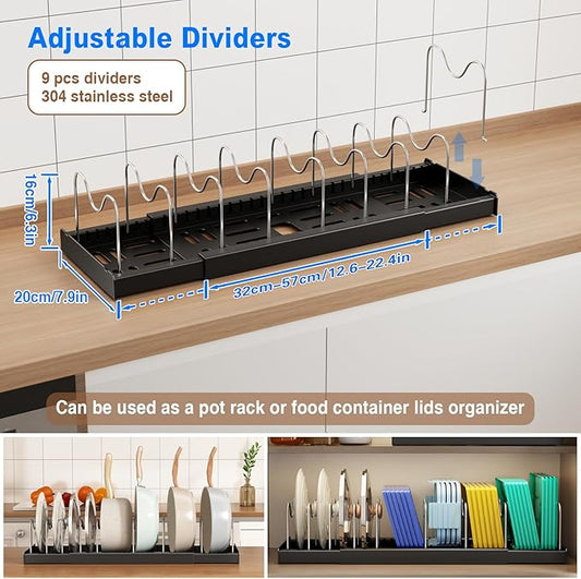 Mustorn Pots and Pans Organizer Under Cabinet, 22" Expandable Food Storage Container Lid Organizers with 9 Adjustable Dividers Pot and Pan Lid Holders Rack Inside Cabinet/Countertop(1 Pack, Black)