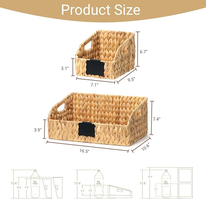 Wicker Baskets for Organizing, Pantry Baskets with Built-in Handles, Handwoven Wicker Storage Basket, Water Hyacinth Storage Bins for Shelves, Small - 2pcs, Natural