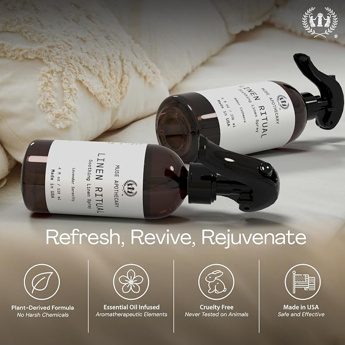 Muse Apothecary Linen Ritual - Aromatic, Soothing, and Relaxing Linen Mist, Laundry and Fabric Spray - Infused with Aromatherapy Essential Oils - 4 oz, Amber Cashmere
