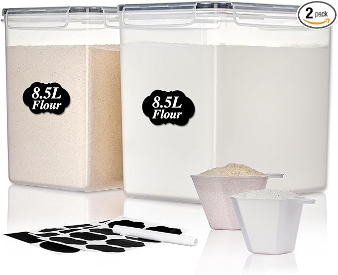Vtopmart 8.5L 2 Pack Extra Large Flour Sugar Storage Containers, Each for 10lbs flour, Airtight Kitchen Pantry Organization Canisters with Lids for Bulk food, Rice, Baking Supplies, BPA Free, Black