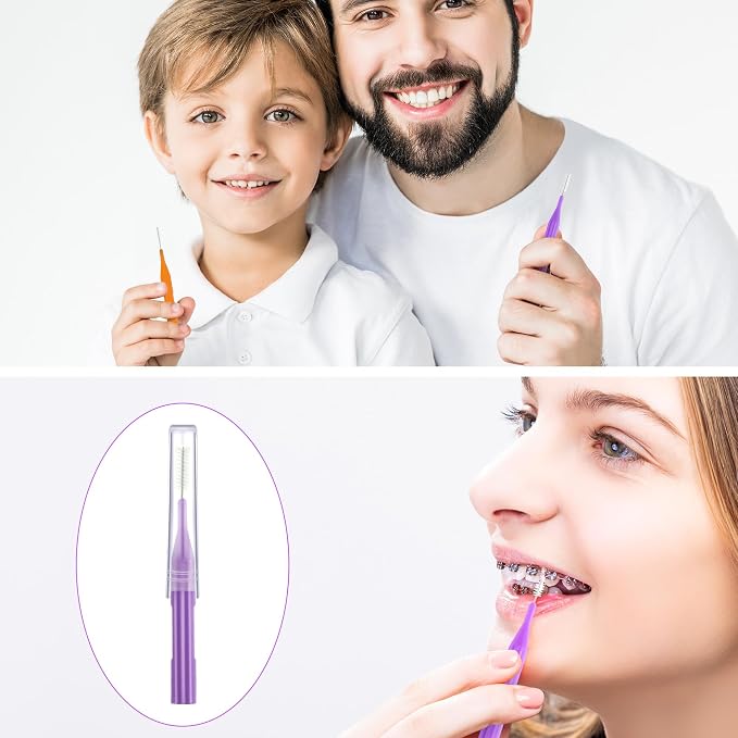 Patelai 100 Count Interdental Brush Set, Soft Braces Cleaner Picks with Cap, Multi Size Teeth Gap Cleaning Tool for Orthodontic Care Bridge Implant Travel Kit(Orange, Purple)