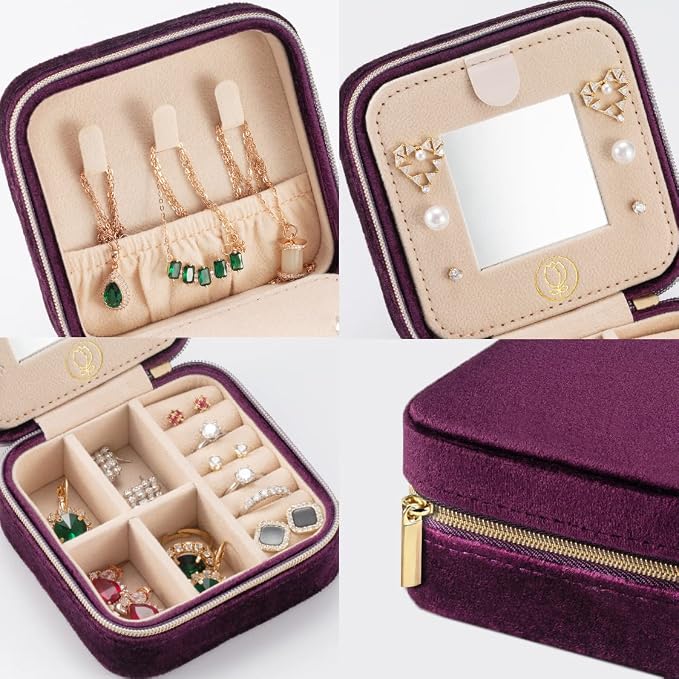 ZPROW Plush Velvet Travel Jewelry Case, Travel Jewelry Organizer, Jewelry Travel Case, Travel Jewelry Box, Small Jewelry Case for Women,Jewelry Travel Box, Earring Organizer with Mirror - Purple