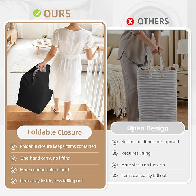 STORAGE MANIAC 3-Pack Large Laundry Hamper, 100L (26.4 Gal) Collapsible Laundry Basket with Bamboo Handles, Freestanding Waterproof Clothes Hamper for Laundry Room, Bedroom, Dorm, Towels, Black