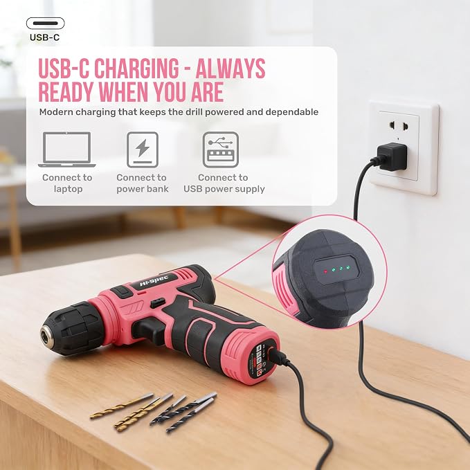Hi-Spec 8V Cordless Drill Set & Starter Tool Kit for Women, Pink | Ladies, USB Drill Driver, Essential Hand Tools, Compact, Tidy Home Projects, Screwdriving, Repairs, Light-Duty