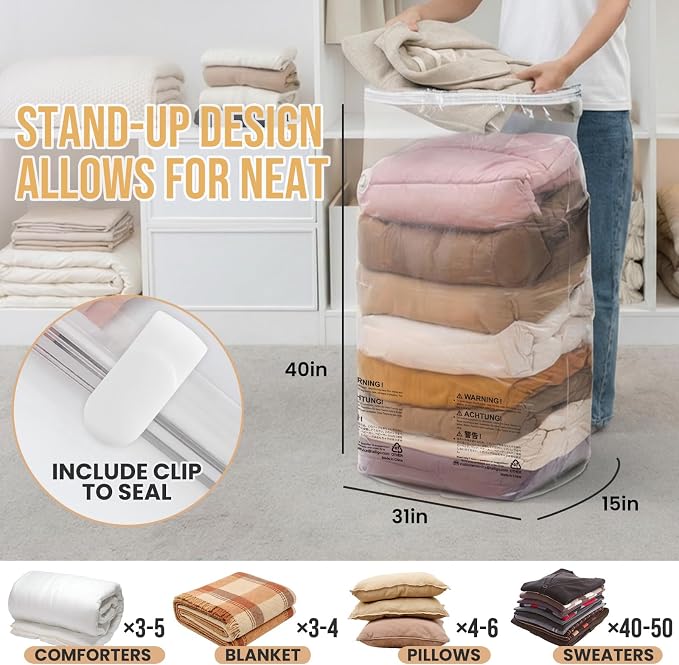 TAILI 8 Pack Vacuum Storage Bags, Jumbo Cube (31x40x15 Inch), Extra Large Vacuum Seal Bags for Comforters, Blankets, Bedding, Clotheing, No Pump Compression Cube, Clear