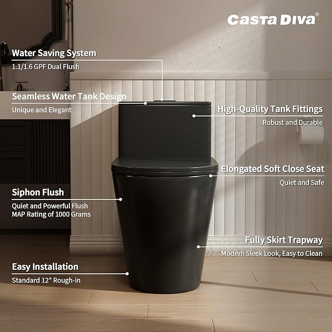 Casta Diva Elongated One Piece Toilet Black with 17" ADA Comfort Chair Height Seat Compact Toilet for Bathroom Power Dual Flush 1.1/1.6GPF & MAP 1000g, 12'' Rough-in, Matte Black