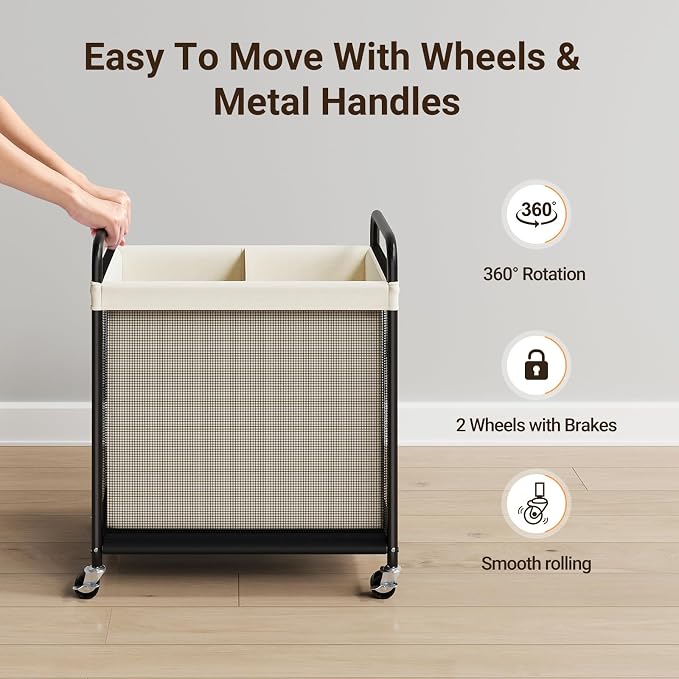 ELYKEN Laundry Hamper 2 Section, 100L Rolling Laundry Sorter with Wheels | Removable Washable Liner Bags, Sturdy Steel Frame and Metal Handle, Double Compartment Clothes Organizer for Laundry Sorting
