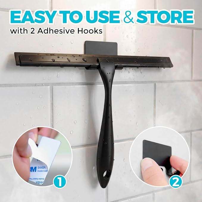 ALFLOD 2pcs Shower Squeegee for Glass Doors with Adhesive Hanging Hook Set | 12” black, bathroom accessories, window cleaner, new home essentials, soft rubber blade, metal handle, ergonomic grip
