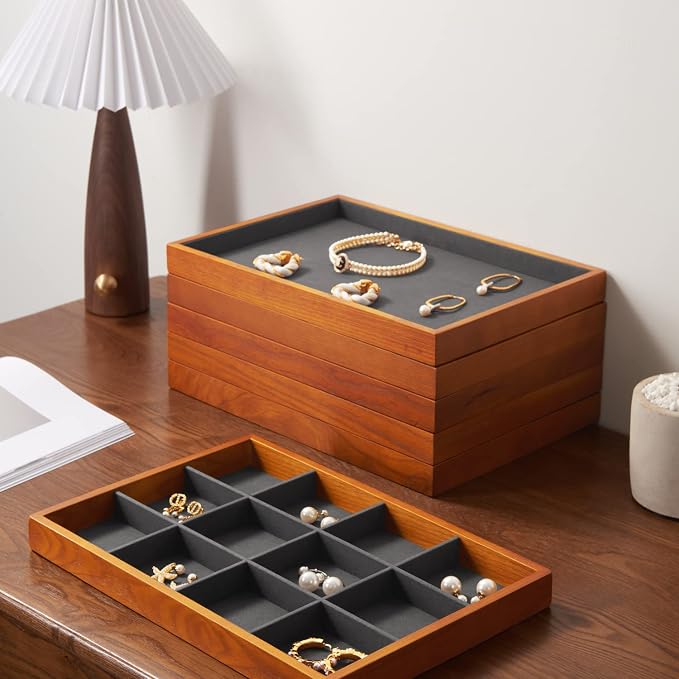 Oirlv Wood Flat Jewelry Tray Stackable Jewelry Drawer Organizer Showcase Jewelry Holder(Grey) | Stackable Design,For Necklaces Bracelets and Watches Organizing and Presentinge Legantly on Dressers&in Dresser&Vendors