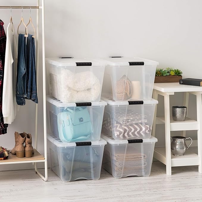 IRIS USA 54 Qt Stackable Plastic Storage Bins with Lids, 6 Pack - BPA-Free, Made in USA - See-Through Organizing Solution, Latches, Durable Nestable Containers, Secure Pull Handle - Clear