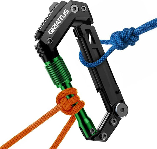 Carabiner Multitool with Pocket Knives, EDC Carabiners for Camping Hiking | Serrated Knife, Rope Cutter, Screwdriver, Can Bottle Opener, Ruler, Folding Knife, Gifts for Men (Green)