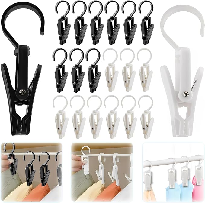 20 PCS Laundry Hooks with Clips Super Strong Plastic Home Travel Swivel Hanging Hanger Closet Organizer Clamps Socks Boot Bras Towels for Bathroom Wardrobe Kitchen - 4.3 Inches (Black+White)
