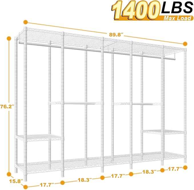 ULIFHOME Clothes Rack, Heavy Duty Garment Rack, Extra Large Portable Closet | H50 Clothing Racks for Hanging Clothes, Freestanding Wardrobe Closet 89.8'' W x 15.8" D x 76.2" H, Max Load 1400 Lbs, White
