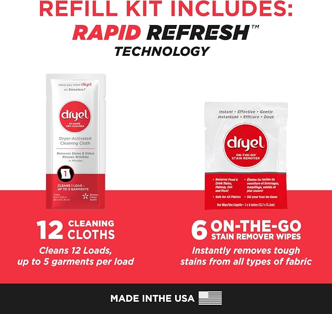 Dryel At-Home Dry Cleaner & Stain Remover, Delicate Laundry Care, 12 Loads | Cleans, refreshes & removes stains from dry-clean-only and delicate clothes; includes On-The-Go Stain Wipes