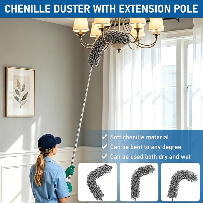 Microfiber Feather Duster 6-in-1 Kit | Extendable Duster with 100" Pole | Washable Long Handle Duster Set for High Ceilings, Fans, Blinds