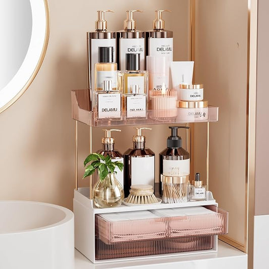 Delamu Bathroom Organizers and Storage, 2 Tier 2 Drawer Makeup Organizer Countertop, Easy to Install, Ideal for Bathroom Counter, Vanity, Ideal Gifts for Women Girls, Grapefruit