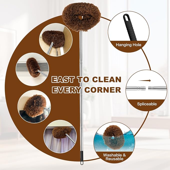Ceiling Fan Cleaner Duster Reusable Microfiber Ceiling Fan Blade Cleaner Removable Duster with Extension Pole Adjusts 13 to 49.7 Inch for Cleaning Walls Bookshelves Furniture Door Window Top (Brown)