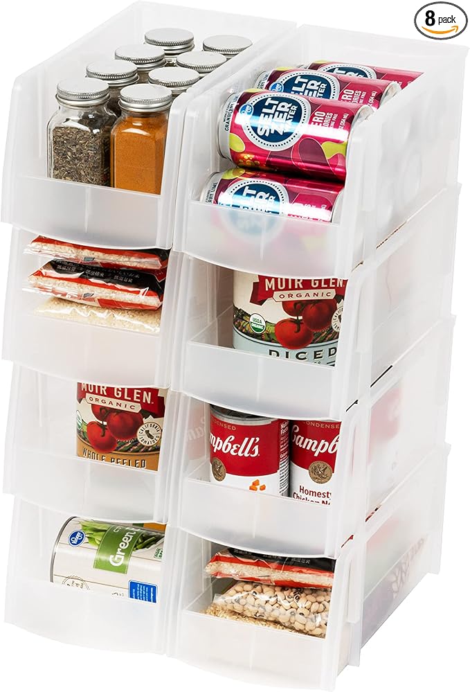 IRIS USA 8-Pack, Medium Clear Stackable Storage Bins | Organize snacks, cans, coffee pods, craft supplies, and household essentials with clear visibility and easy access