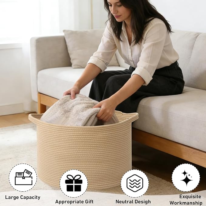 65L Extra Large Woven Cotton Rope Blanket Basket with Handles, Laundry Hamper Storage Bin for Pillows, Comforters,Clothes, Toys, Nursery, Bedroom and Living Room Organization,Camel