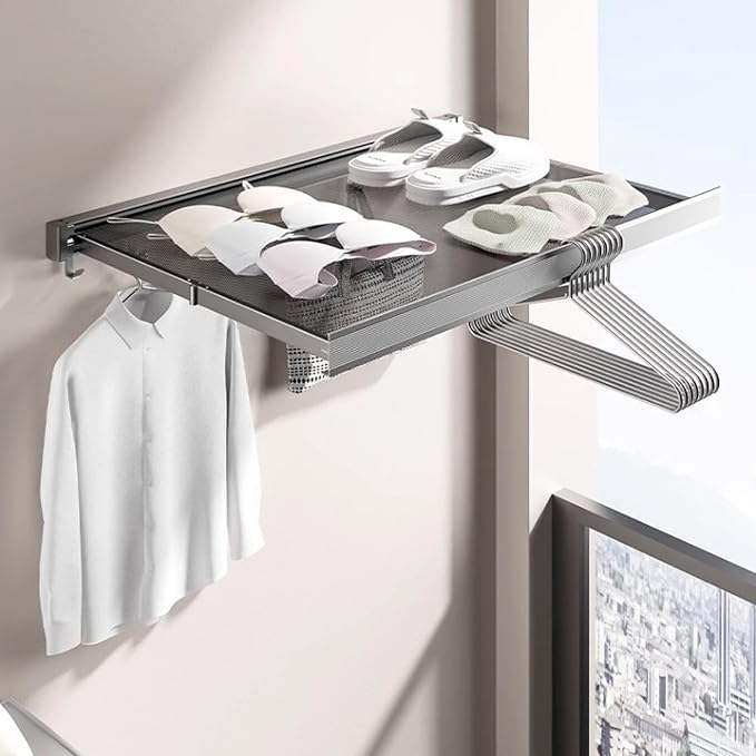 Pilipane Retractable Clothes Drying Rack Wall Mount Foldable Laundry Organizer with Breathable Mesh Platform for Patio Bathroom Aluminum 42x37.8cm (Gray)