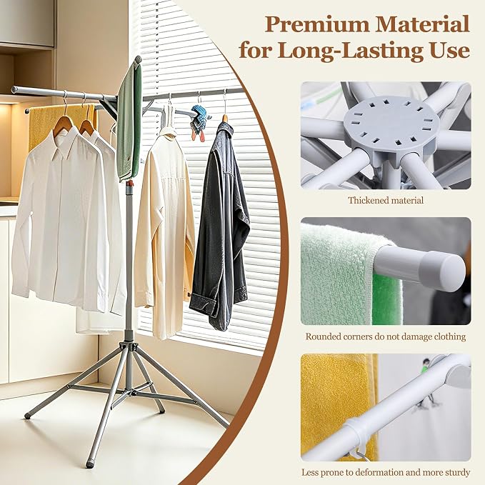 Adjustable Collapsible Umbrella Style Clothes Drying Rack, 4Legs6Telescopic Arms, Space-Saving Freestanding Laundry Airer with Windproof Clips, Easy Setup Indoor Outdoor (Gray-Carbon Steel)