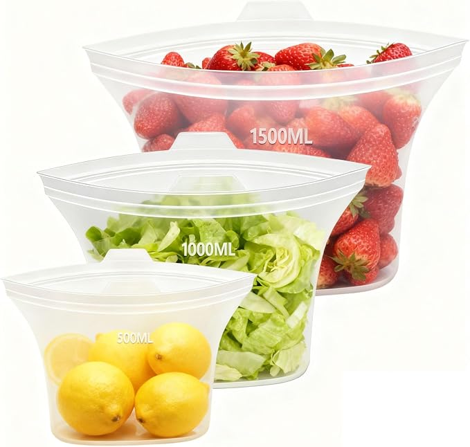 Food Grade Reusable Silicone Food Storage Bags, 3-Pack Leakproof Freezer Bags with 3 Sizes (51oz, 34oz, 17oz) | Microwave & Dishwasher Safe | Plastice & BPA Free | Airtight Seal for Food Preservation