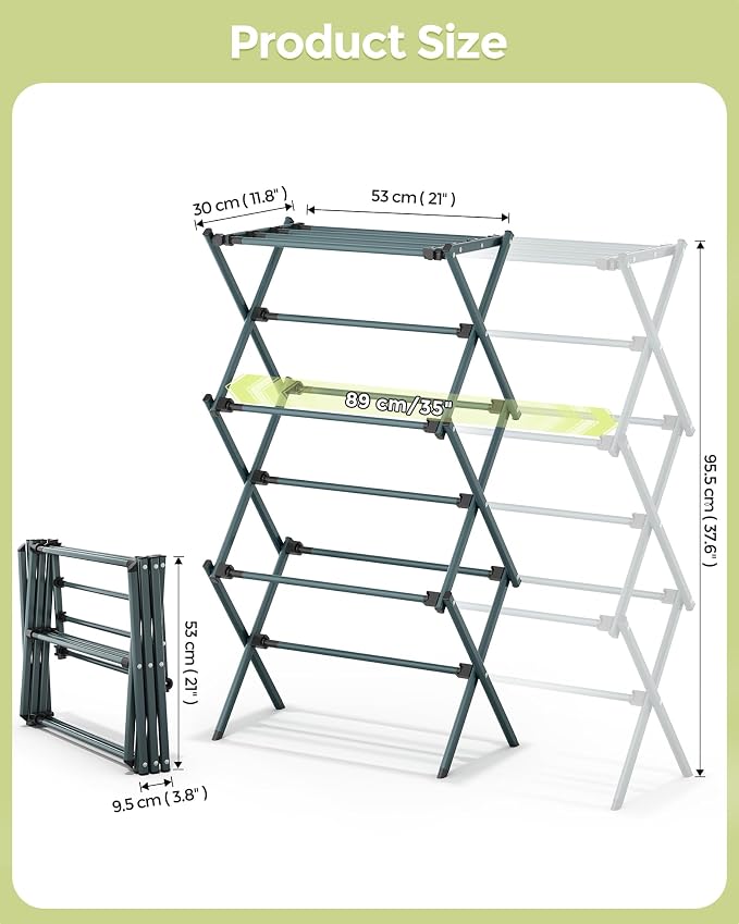 APEXCHASER 3-Tier Foldable Clothes Drying Rack, 37.6" H, Navy Blue | Rust-resistant Metal, Tool-free Assembly, Extendable Drying Hanger, Fold Flat to Easy Storage, 11.8" D x 35" W, Holds 24lbs
