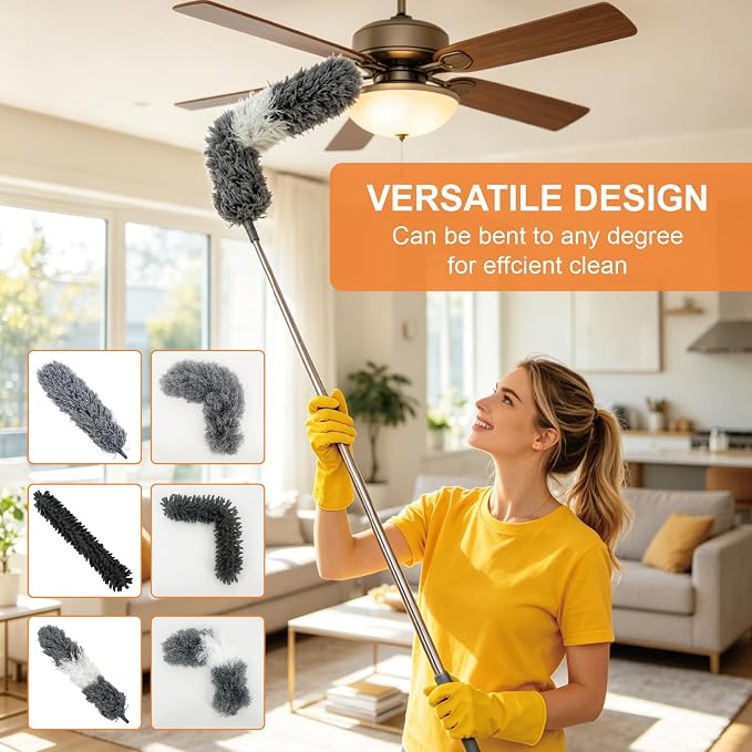 15 PCS Feather Dusters for Cleaning, Microfiber Duster with Extension Pole 100in, Extendable Duster for High Ceilings, Ceiling Fans, Baseboards, Blinds, Car Interior - Washable Reusable Dusting Tools