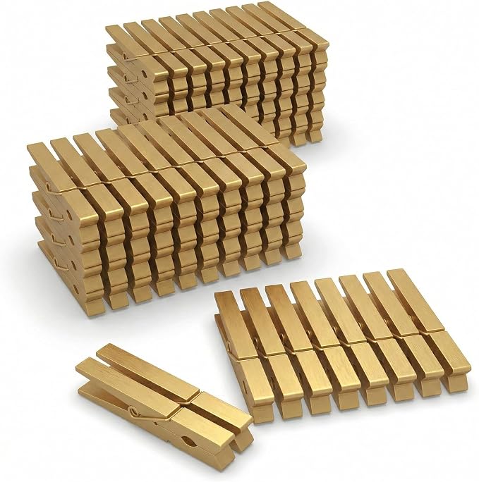 100 Pcs Gold Clothes pins - 2.9 Inch Wooden Clothespins Cheer Clips | Vibrant for Crafts Classroom Decorations Clothing Pictures Laundry Solid Wood No Splinters Fade‑Proof