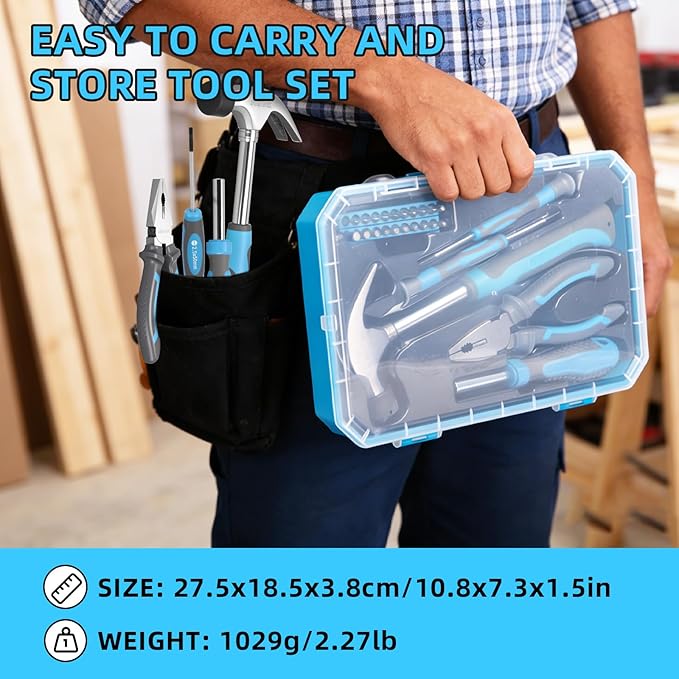 DOMINOX 25 Piece General Household Tool Set with Plastic Storage Toolbox, tool box for Home, Garage, Office