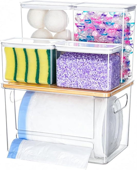 iCASA 5 in 1 Trash Bag Holder Dispenser Kitchen Under Sink Organizer | Stackable Garbage Bag Dispenser for 13/30/33 Gallon Bags, Clear Organizer Bins Dishwahser & Laundry Pods Container Storage