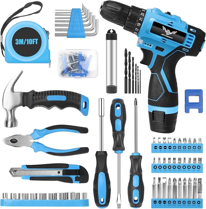 JENABOM Tool Set - 12V Cordless Drill Kit, 146 Piece Home Tool Set With Power Drill, Tool Kits for Men & Women, Perfect for Homeowner, Diyer, Handyman